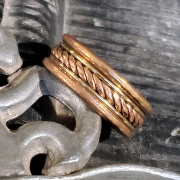 Ethnic Tribal India Brass and Copper Adjustable Handcrafted Artisan Metal Ring - Picture 2 of 12